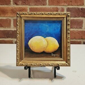 Two Lemons Original Painting Vintage 1999 Artist/ Dated Signed Framed  8" x 8"